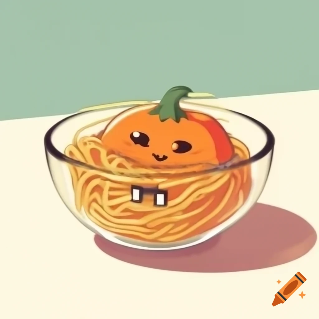 Kawaii-chibi style drawing of glass bowl with noodles and pumpkin mush