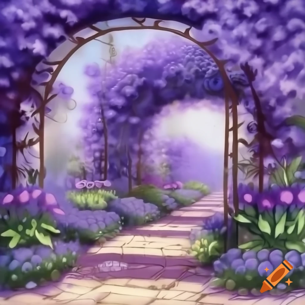 Victorian painting of purple flower garden with violets and grey cobblestone arch
