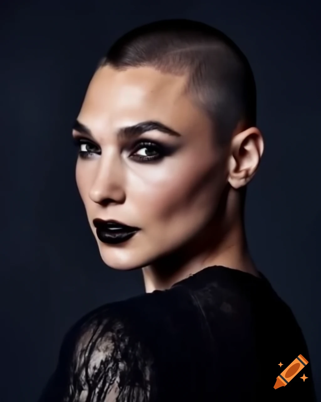 Gal Gadot with shaved haircut, dark makeup, and gothic dress
