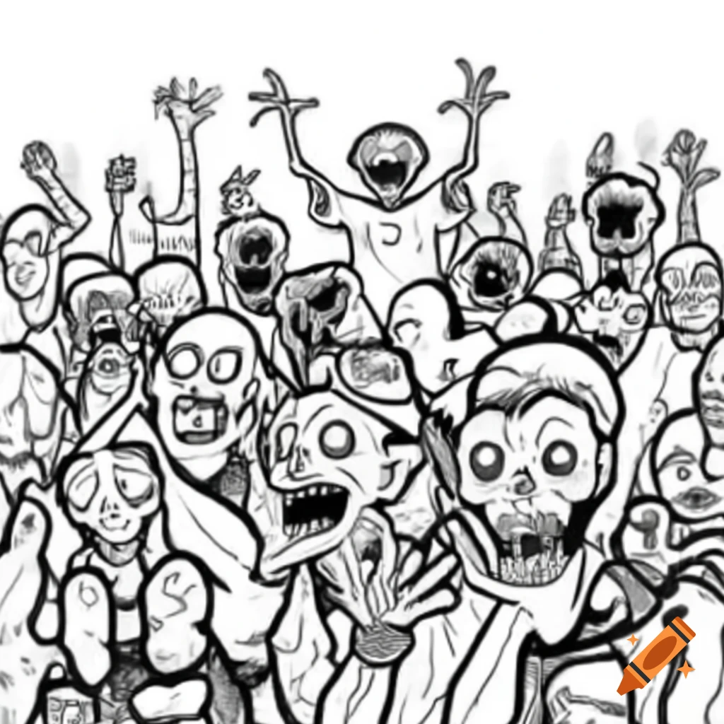 Cartoon sketch of a crowd of zombies
