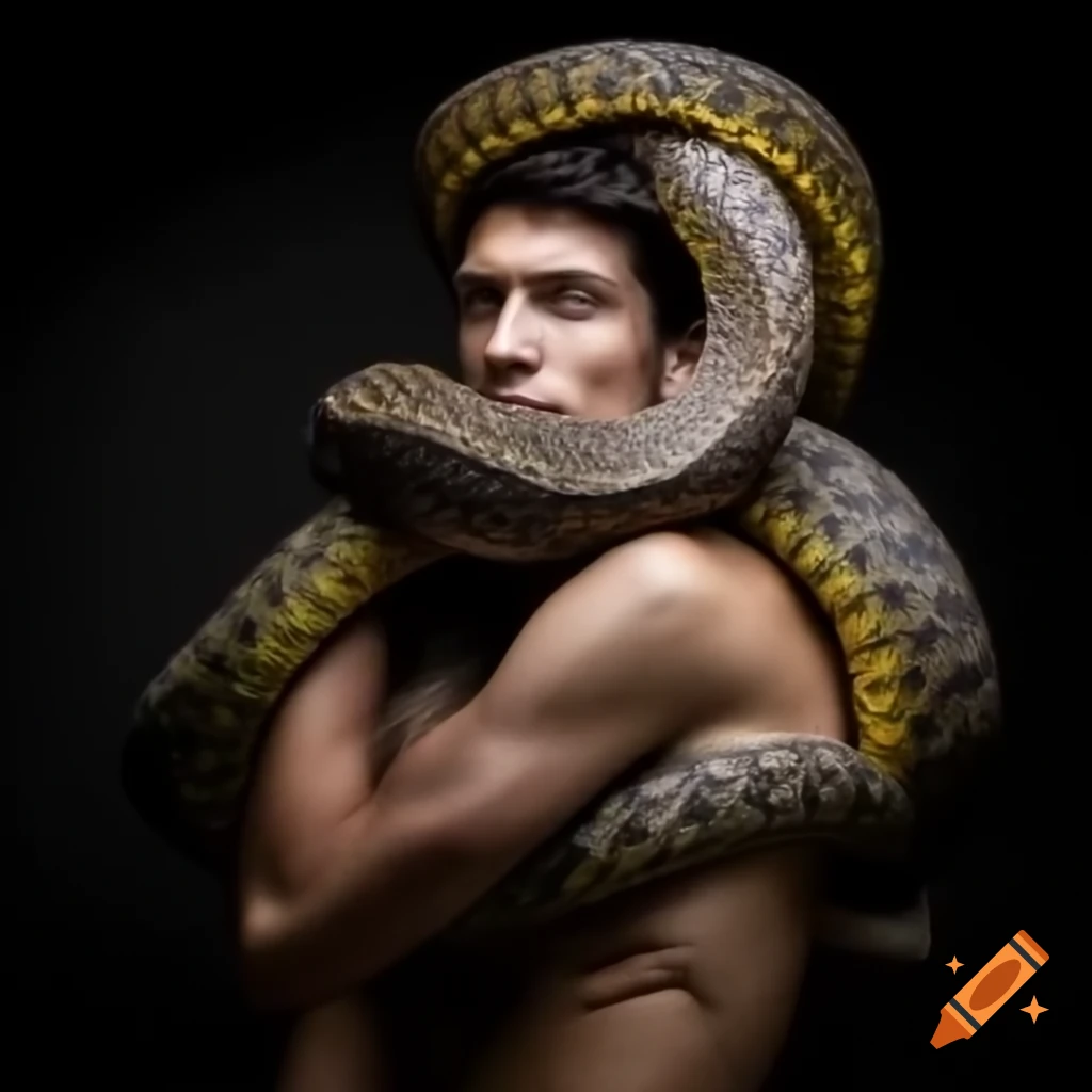 Male arm reaching upward surrounded by multiple snakes