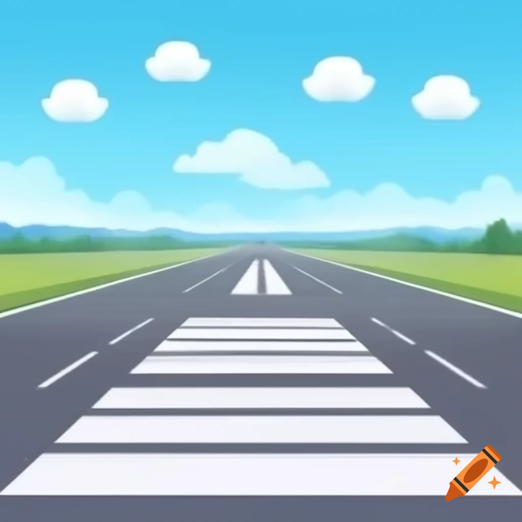 Cartoon hyperreal airport runway under blue sky with simple clouds