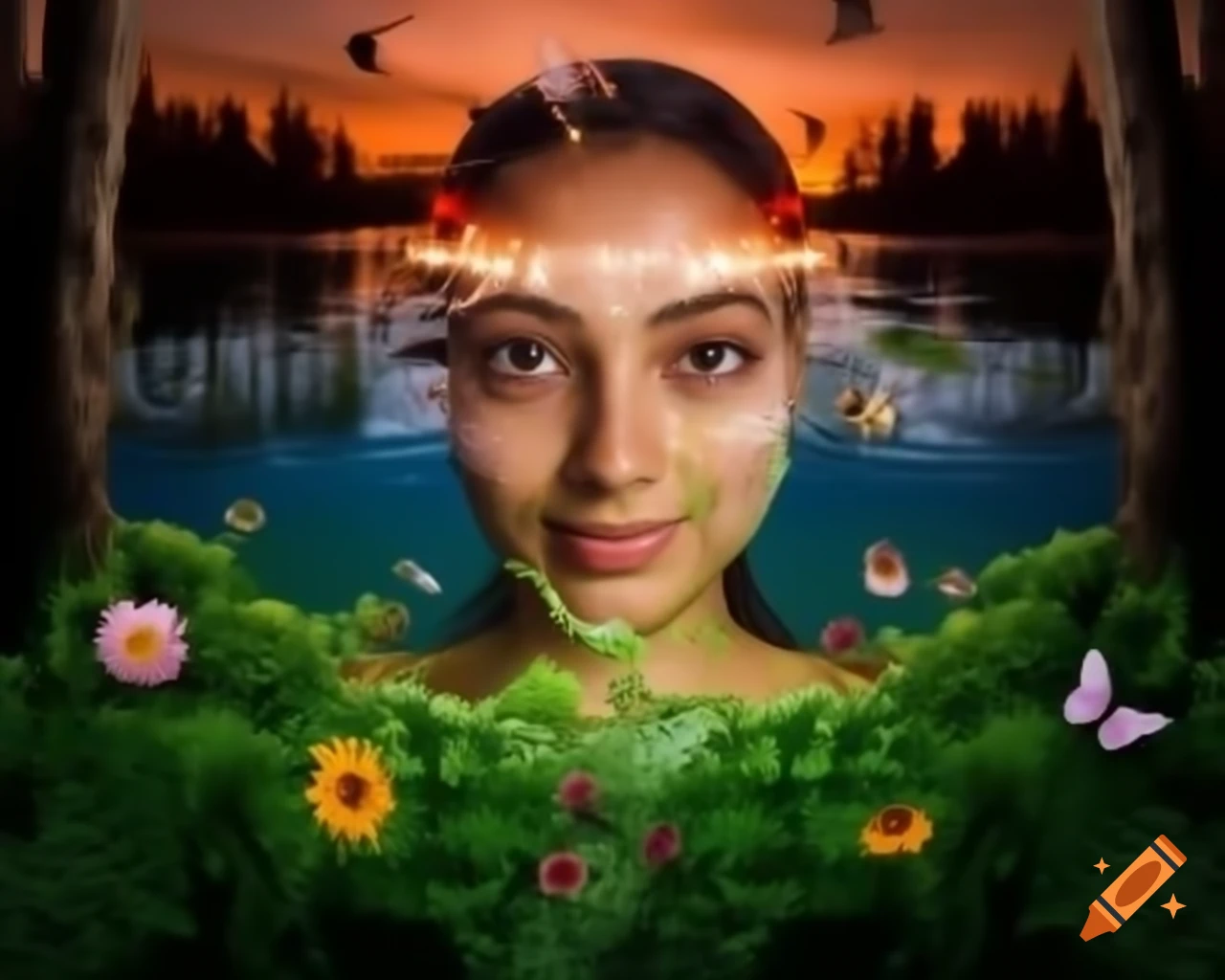 Surreal 3D render of woman's face in forest with wildflowers and butterflies
