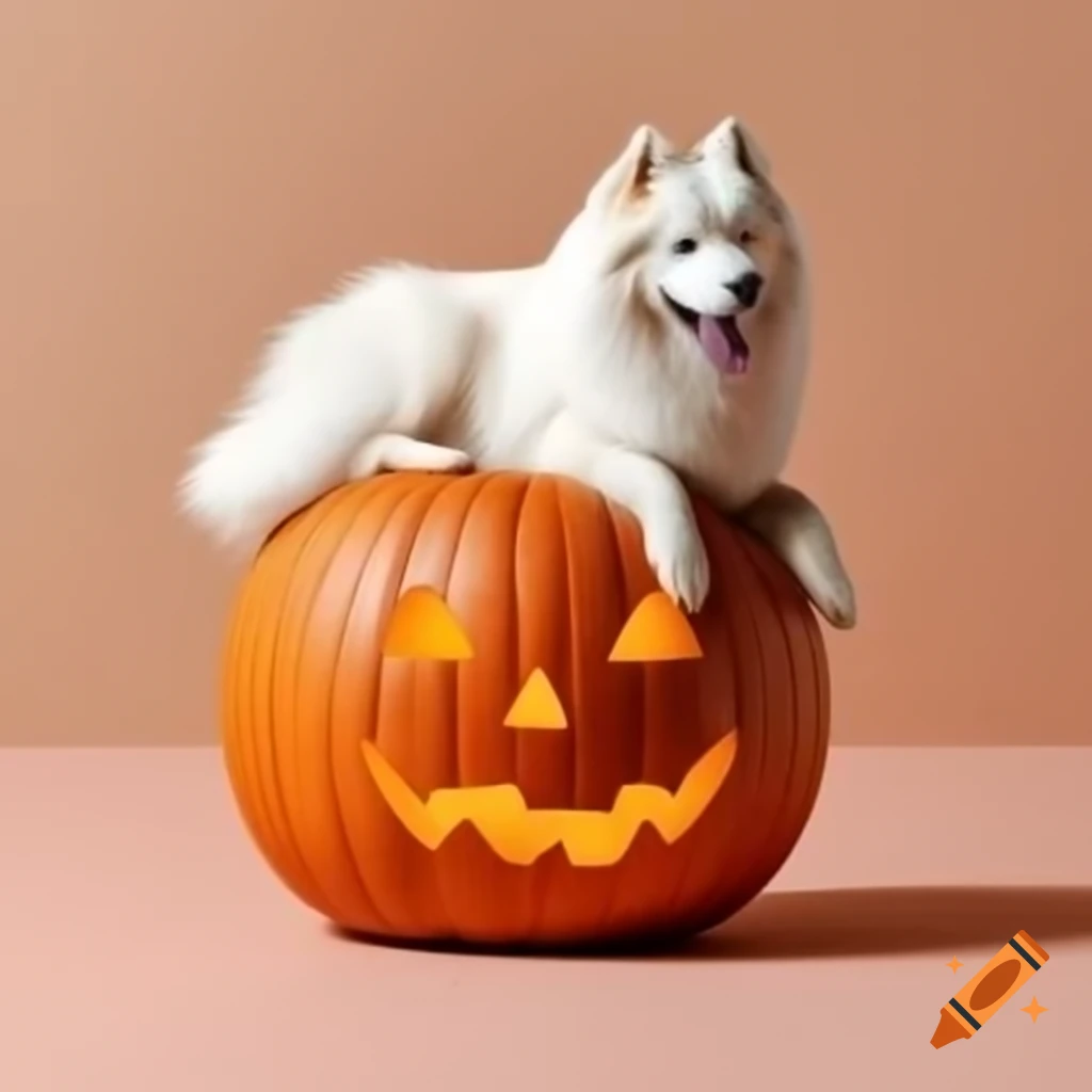 Pumpkin carved to resemble a samoyed dog