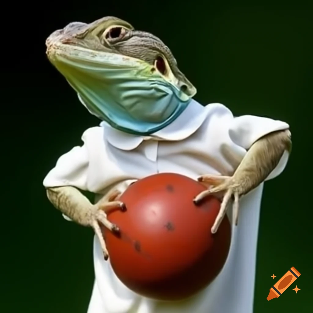 Anthropomorphic lizard in white shirt playing ball
