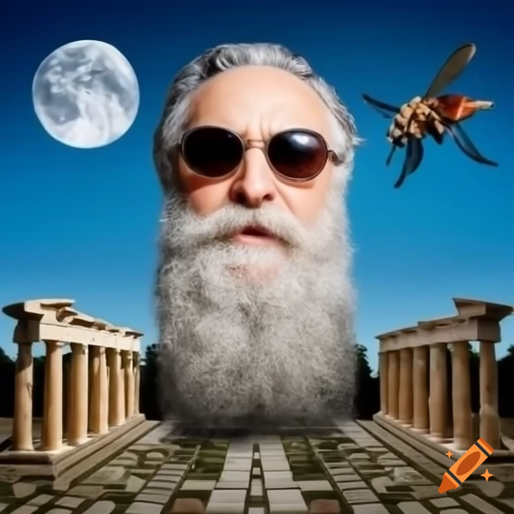 Greek philosopher Plato with sunglasses singing in Athens