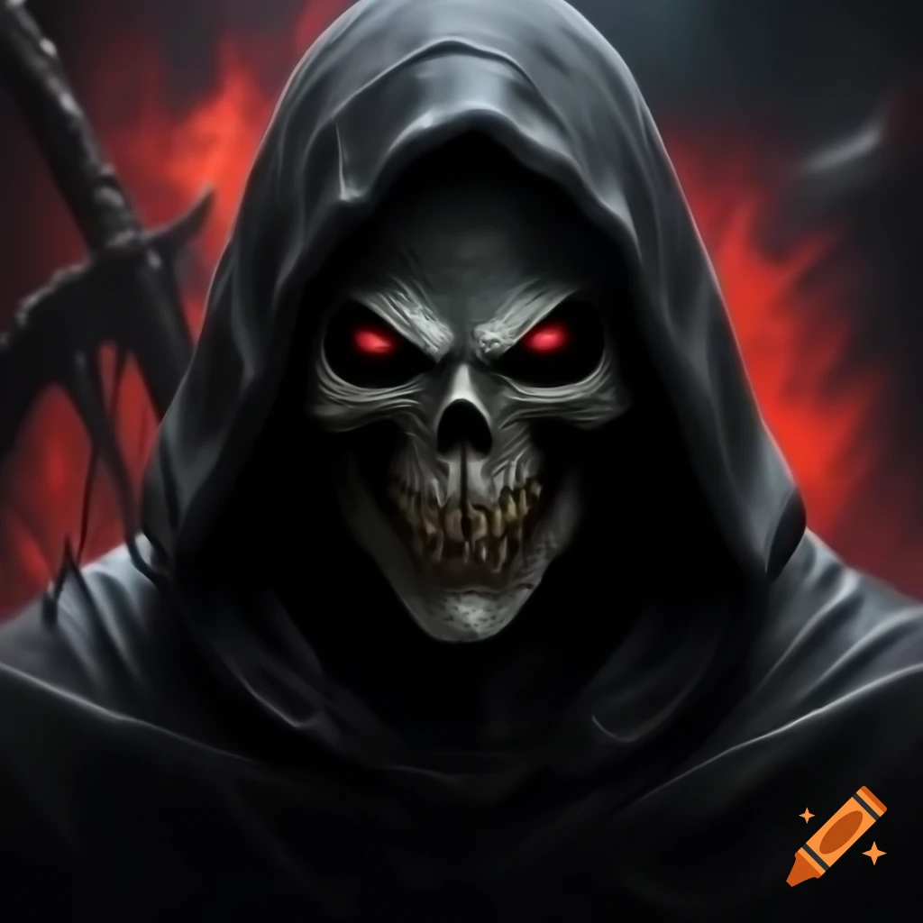 Stipple style reaper with bright red eyes and menacing gaze