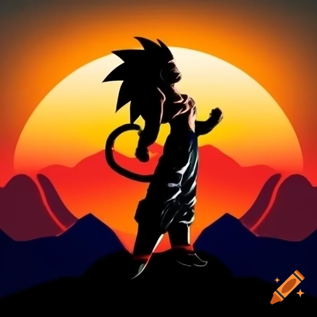 80's style rock album cover featuring super saiyan on mountain at sunset