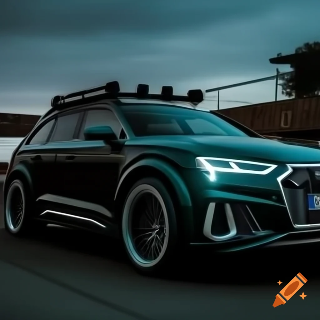 Audi A6 C7 Allroad in nature green with all-terrain tires, light bar, and roof rack