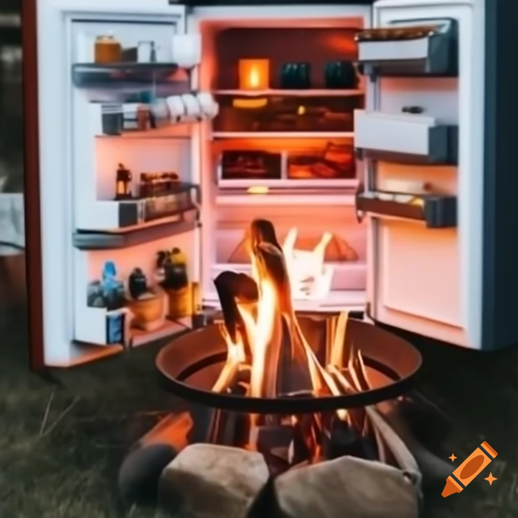 Campfire next to large refrigerator