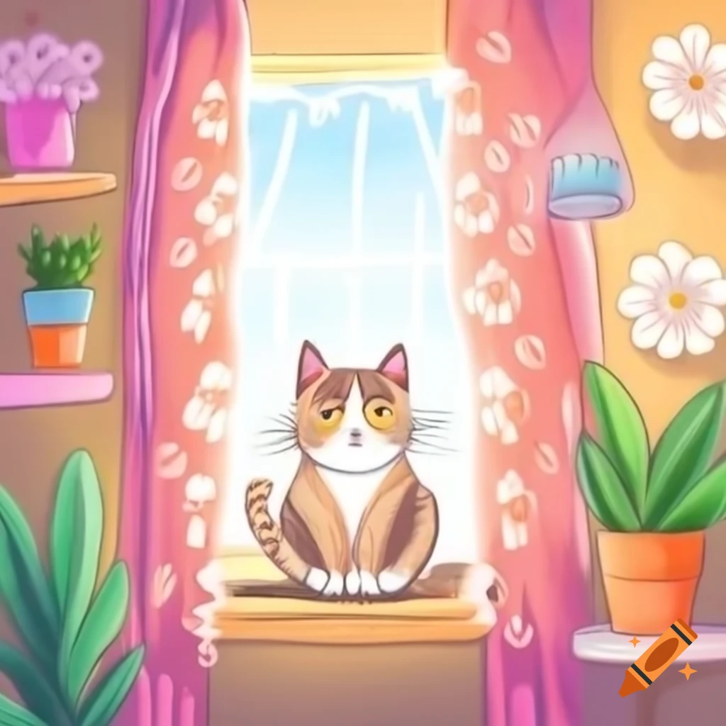 Fluffy cat lounging on windowsill with blooming plants and lace curtain in cozy home