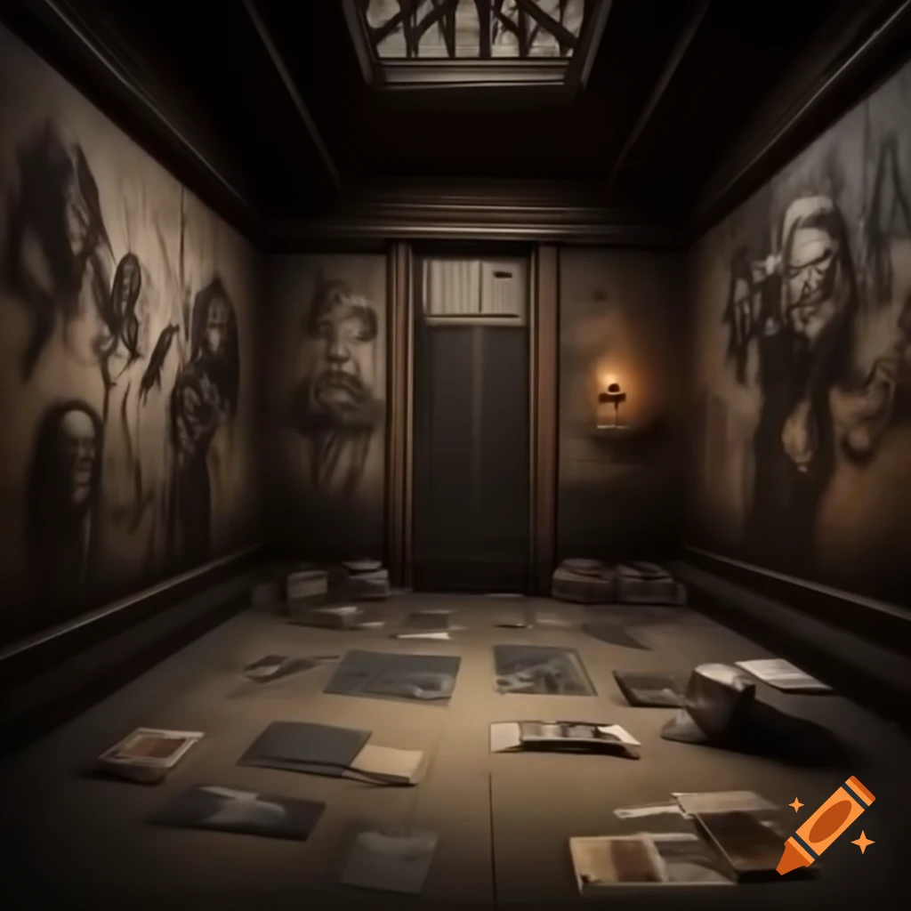 Scary house room with demonic drawings on the walls