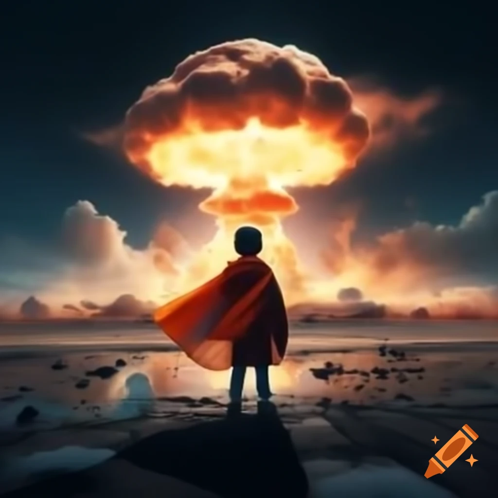 Child with glowing light and orange cape observing distant nuclear explosion