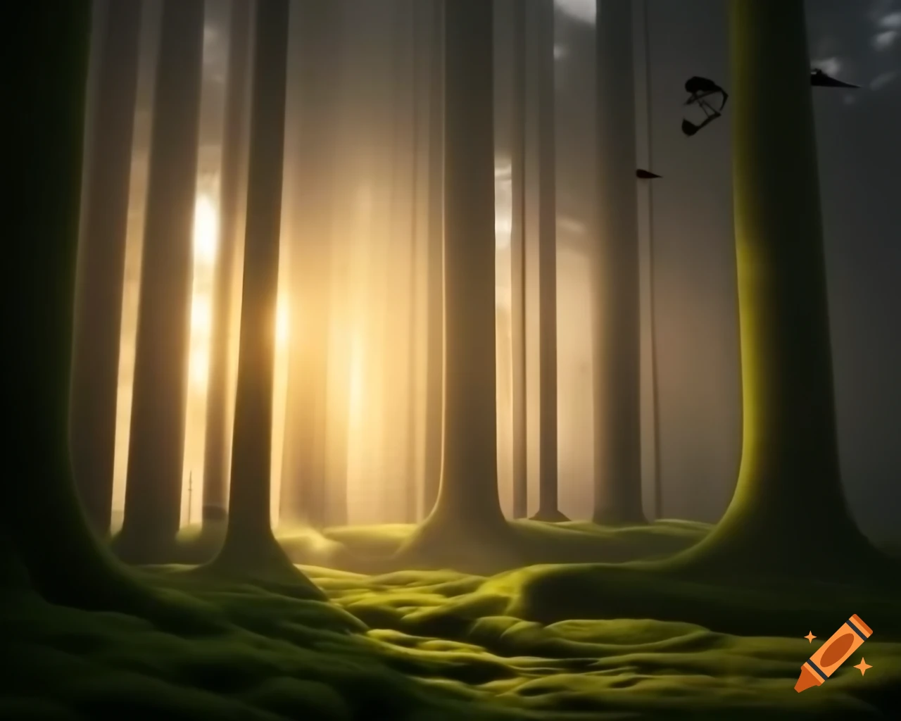 Mystical forest at sunrise with golden rays and mist