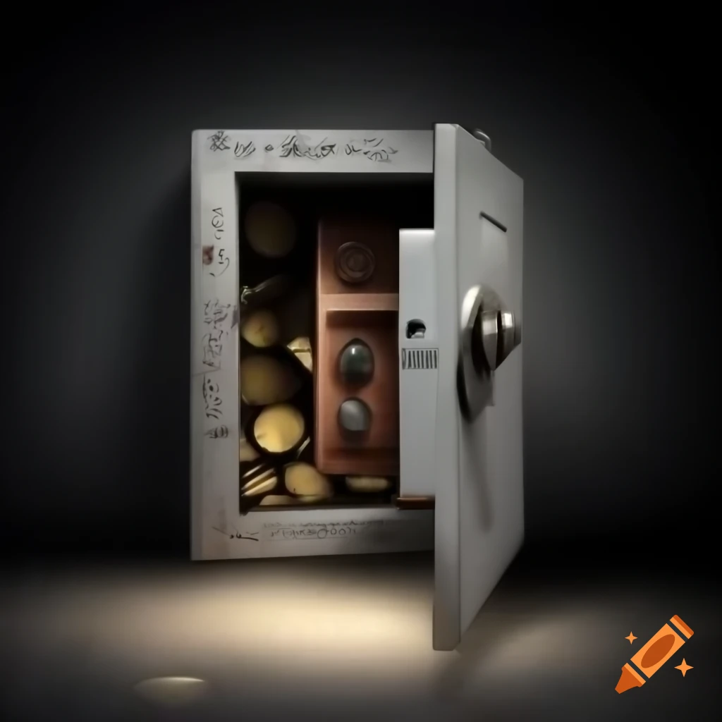 Open metal safe embedded in wall with realistic steel texture and soft light inside
