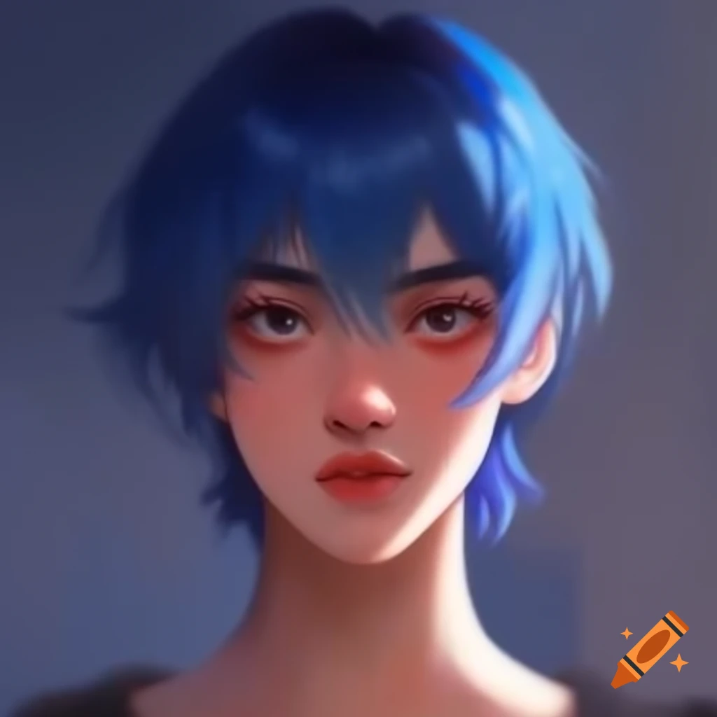 Azure-haired man gazing thoughtfully, capturing a moment of pride