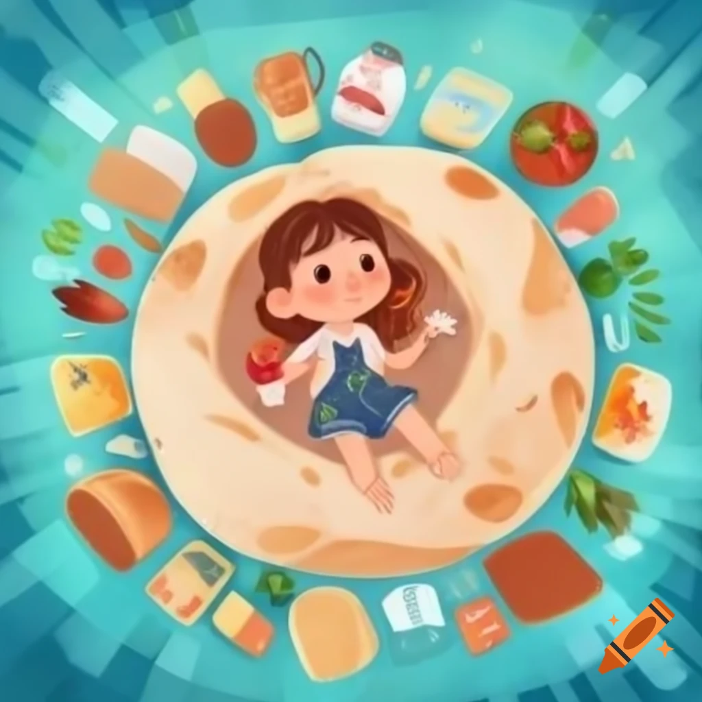 Girl sitting on large bread surrounded by floating food and hygiene