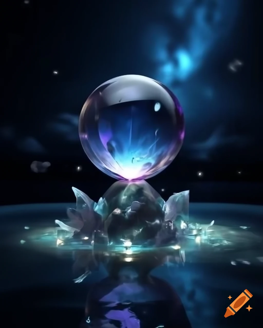 Crystal sphere floating in starry night sky
