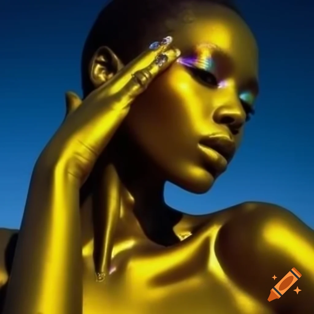 Iridescent yellow glass statue in pop surrealist photography style