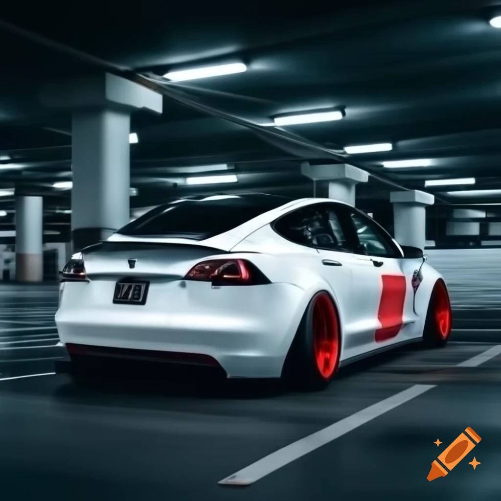 Customized white Tesla Model Y with red decals in underground parking lot
