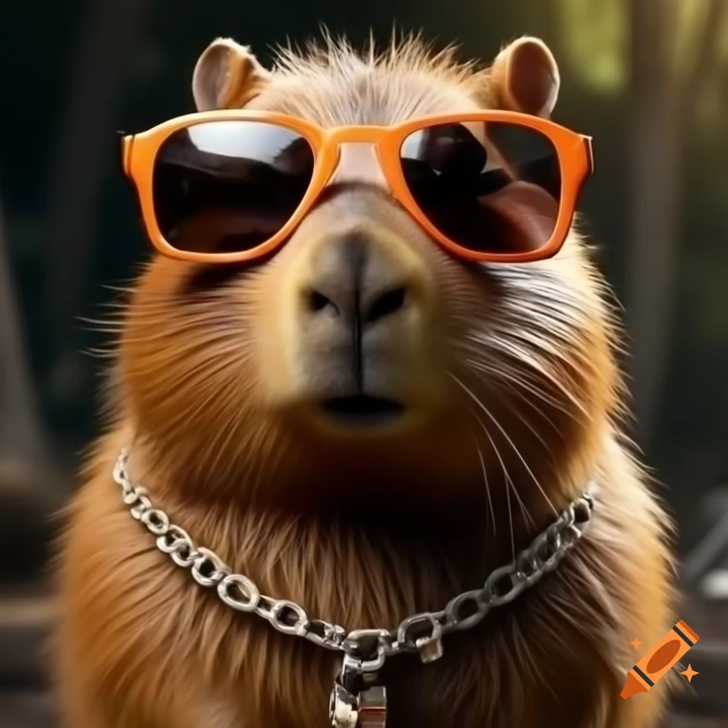 Capybara wearing sunglasses and a chain