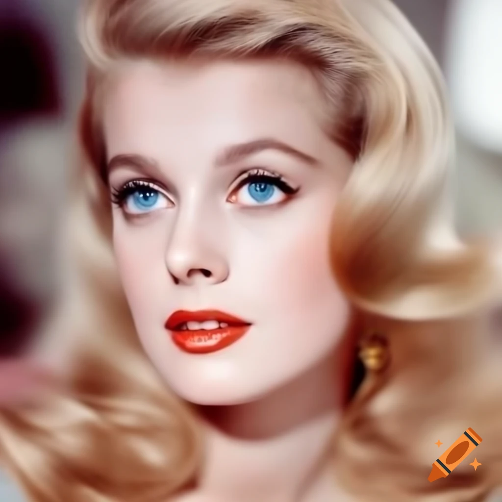 Hyper-realistic photograph of a charming European actress from 1963 with porcelain skin and blue eyes