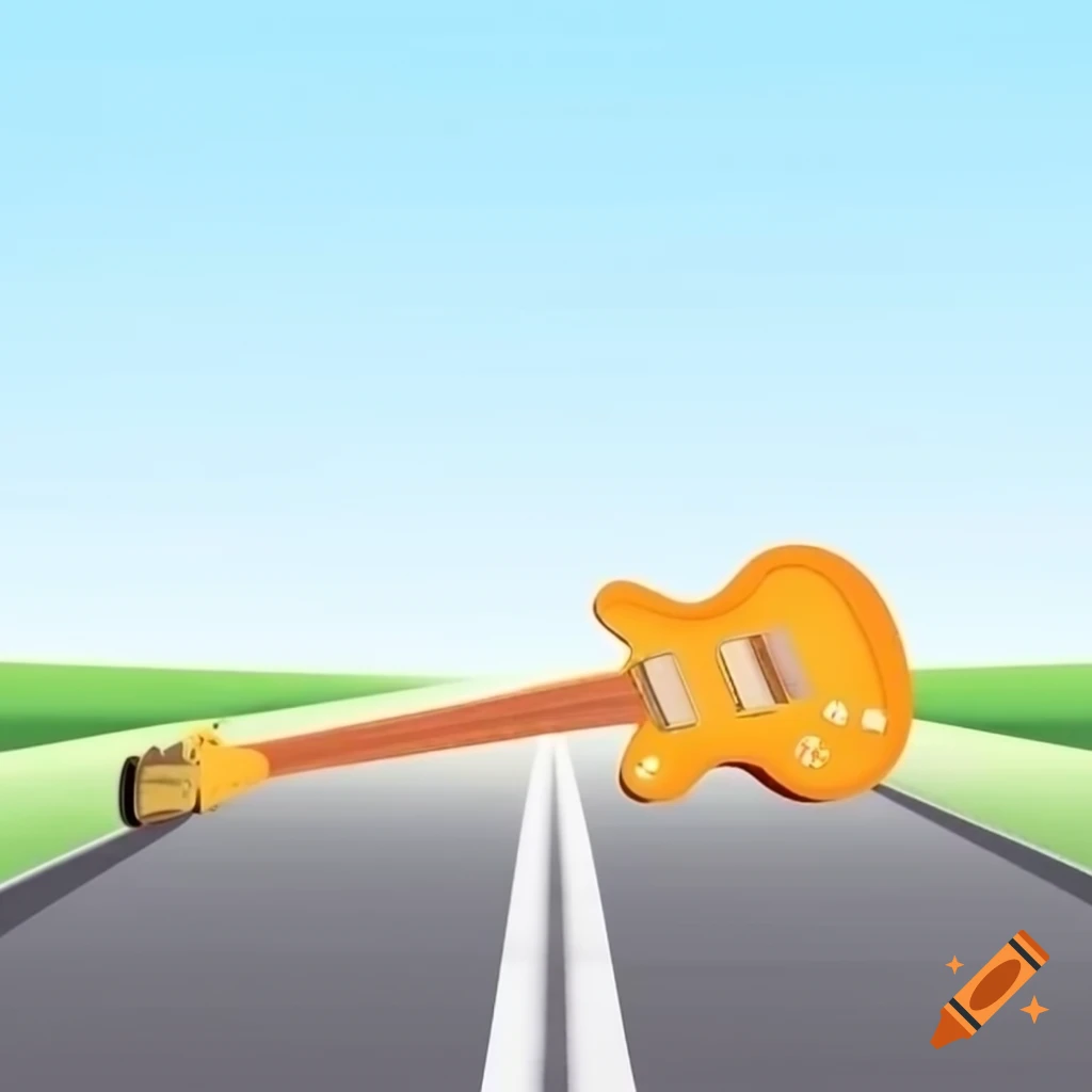 Les Paul guitar on empty highway with crayfish on fretboard