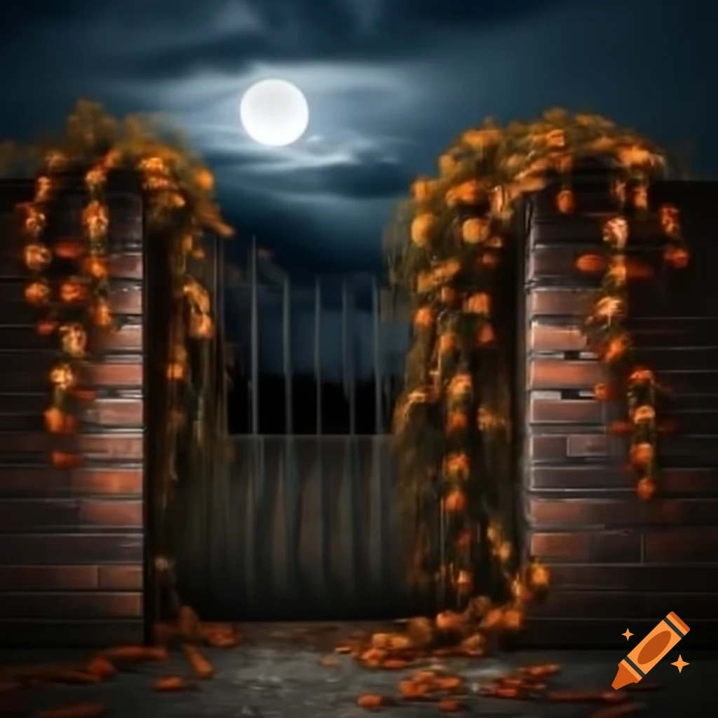 Halloween vines on brick wall with full harvest moon