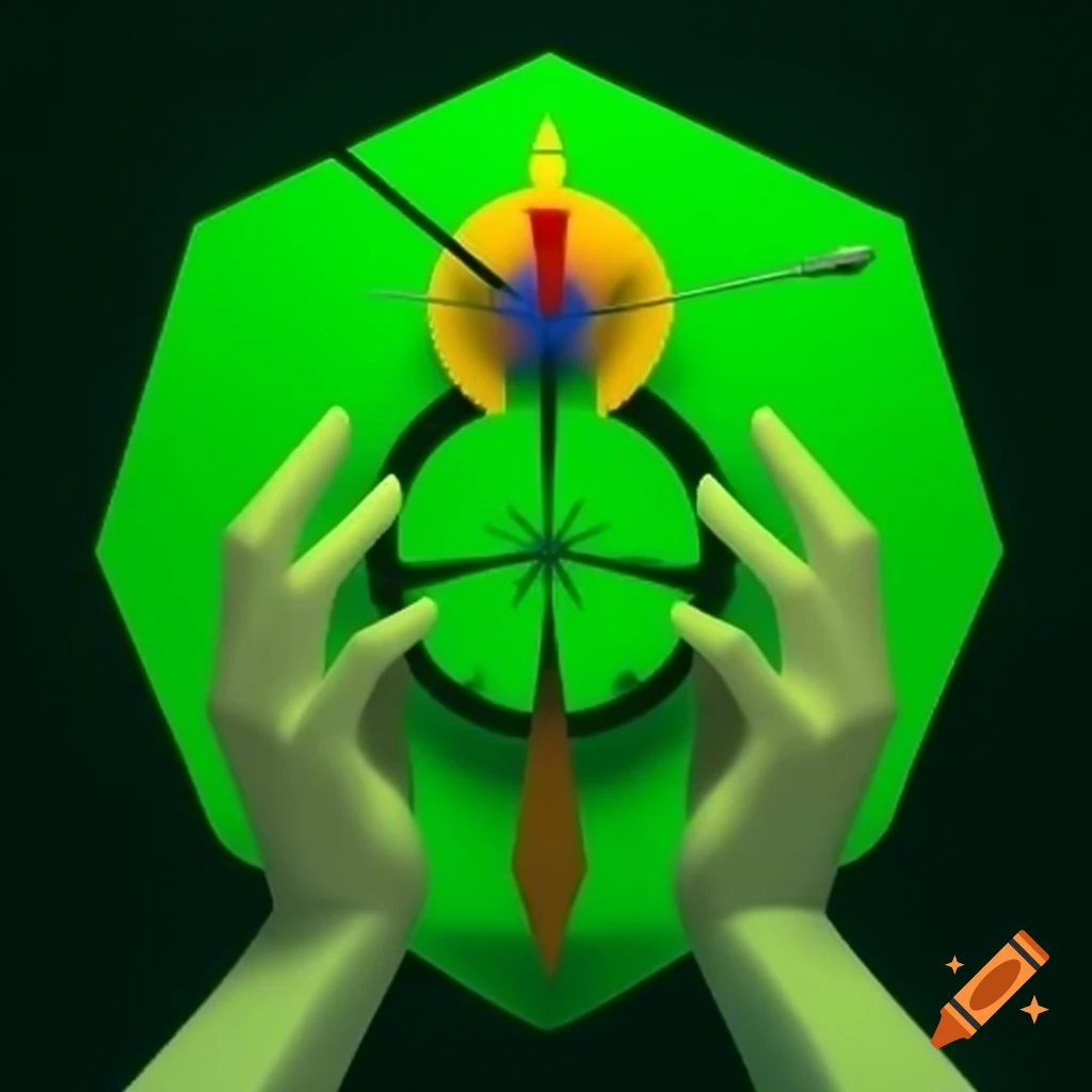 Digital art featuring hands holding star-shaped object in hexagonal green design