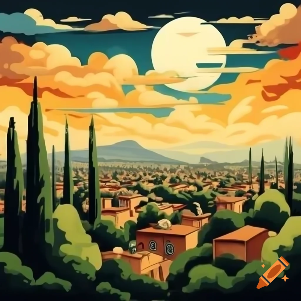 Shiraz city skyline with cypress trees, colorful sky, and large moon, oil painting
