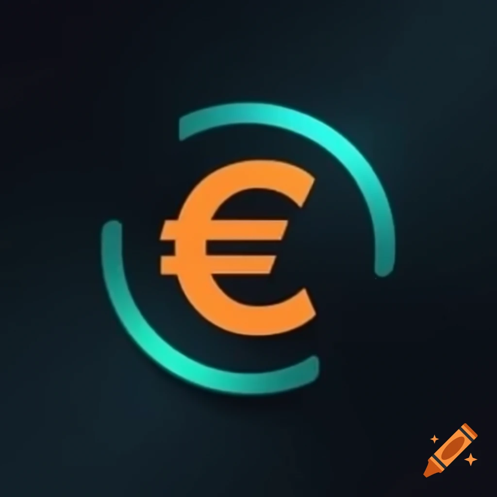 Futuristic orange euro logo with teal shadows on dark background