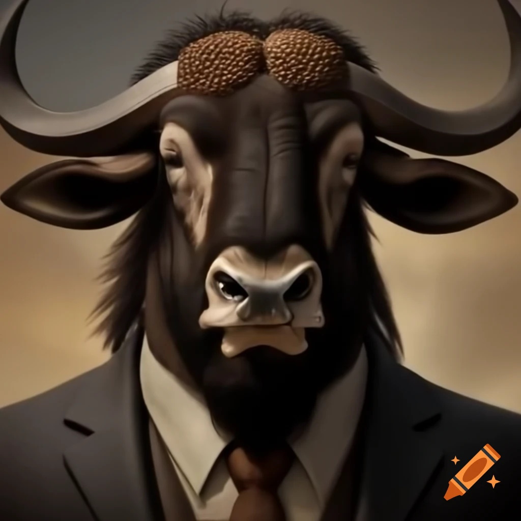 Wildebeest in suit with large beard, realistic comic book style