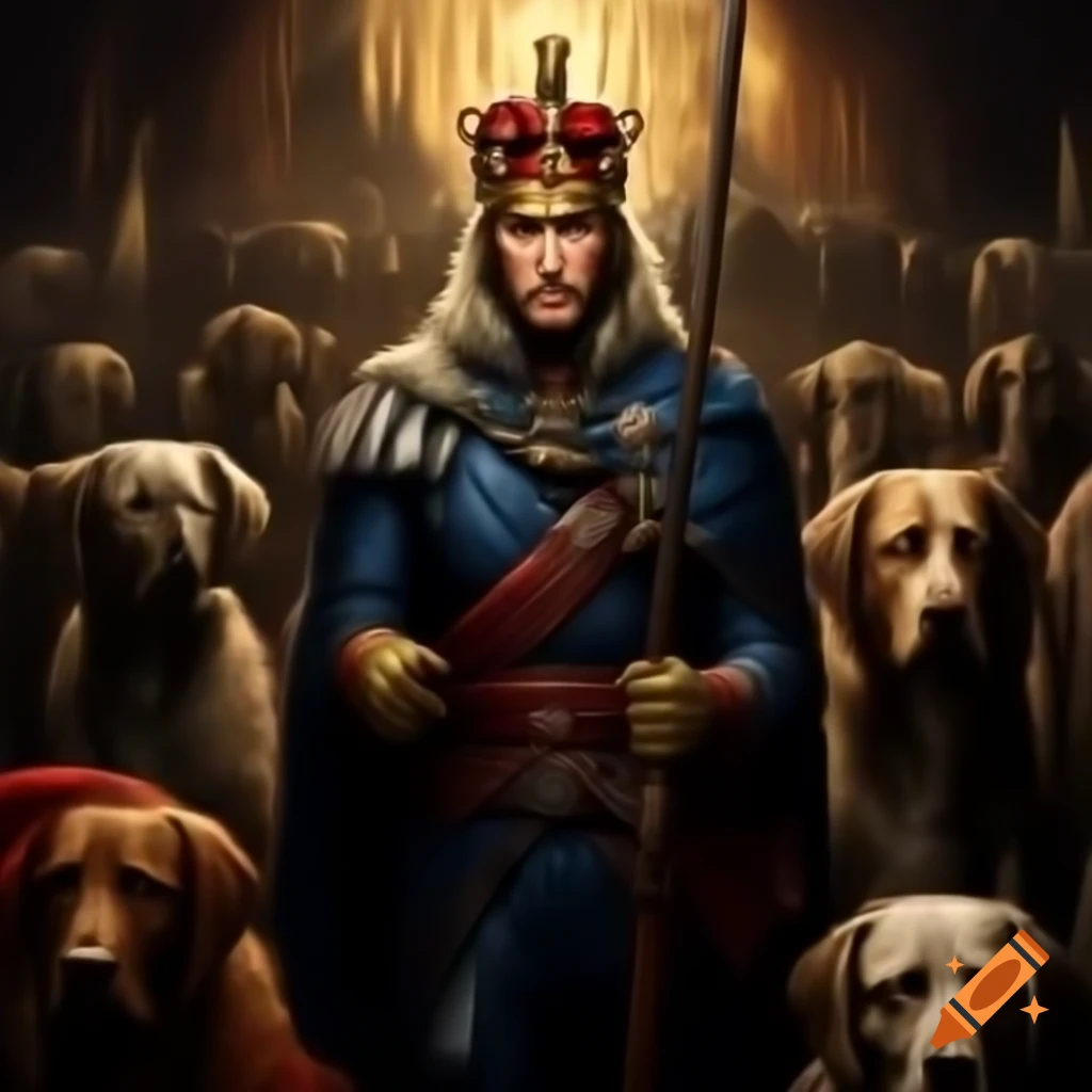 Handsome King William with gold crown stands with war dogs at Halloween battle