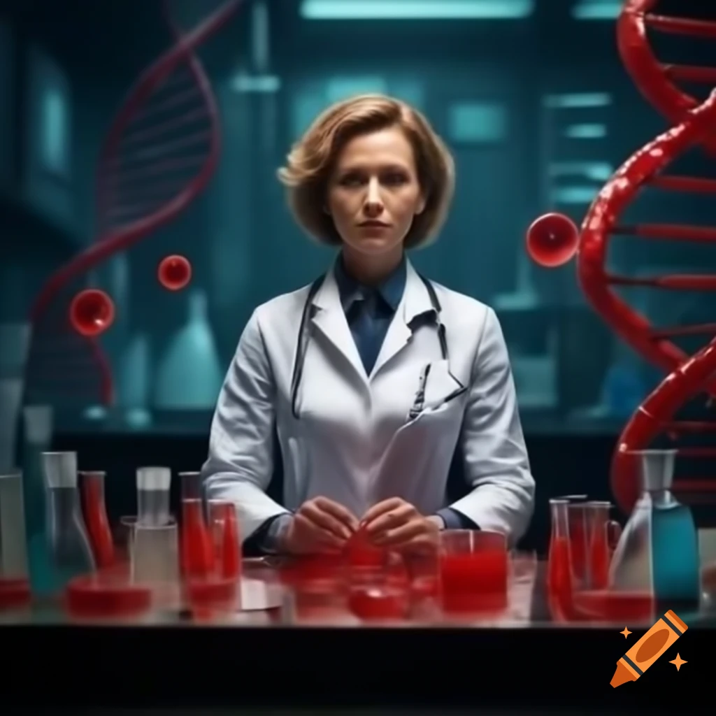 Elegant woman doctor in modern laboratory with DNA molecules and test tubes