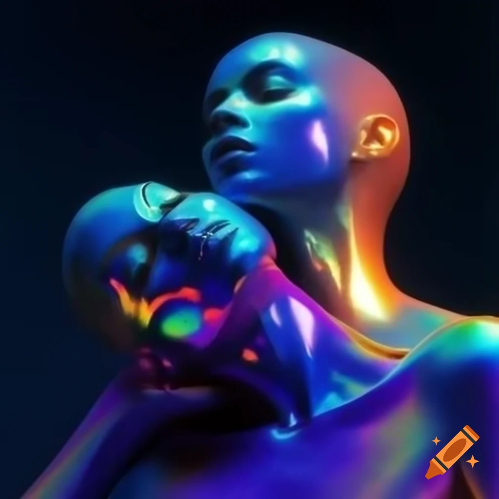 Pop surreal photography featuring iridescent glass statue and psychedelic couple