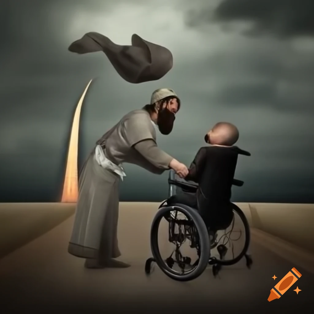 God pushing a man in a wheelchair on a long road