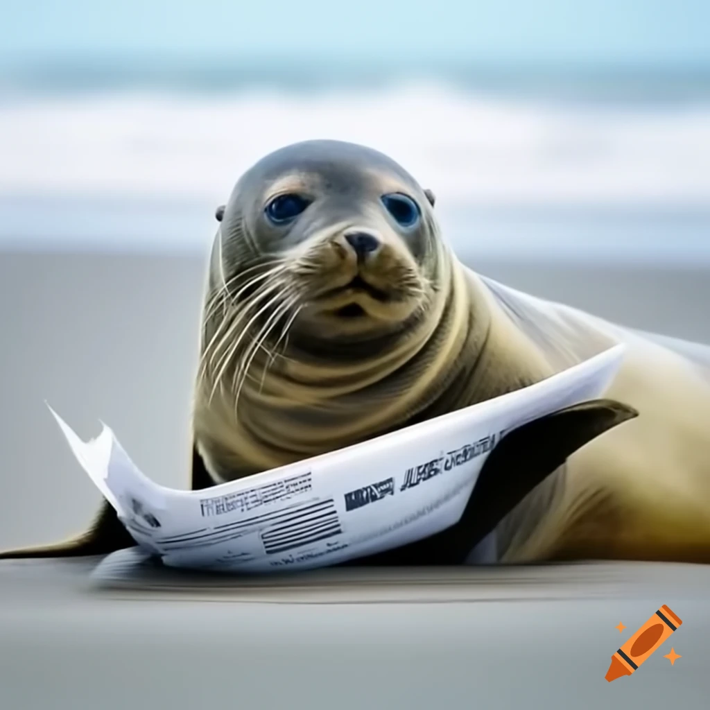 Seal reading a newspaper on the beach