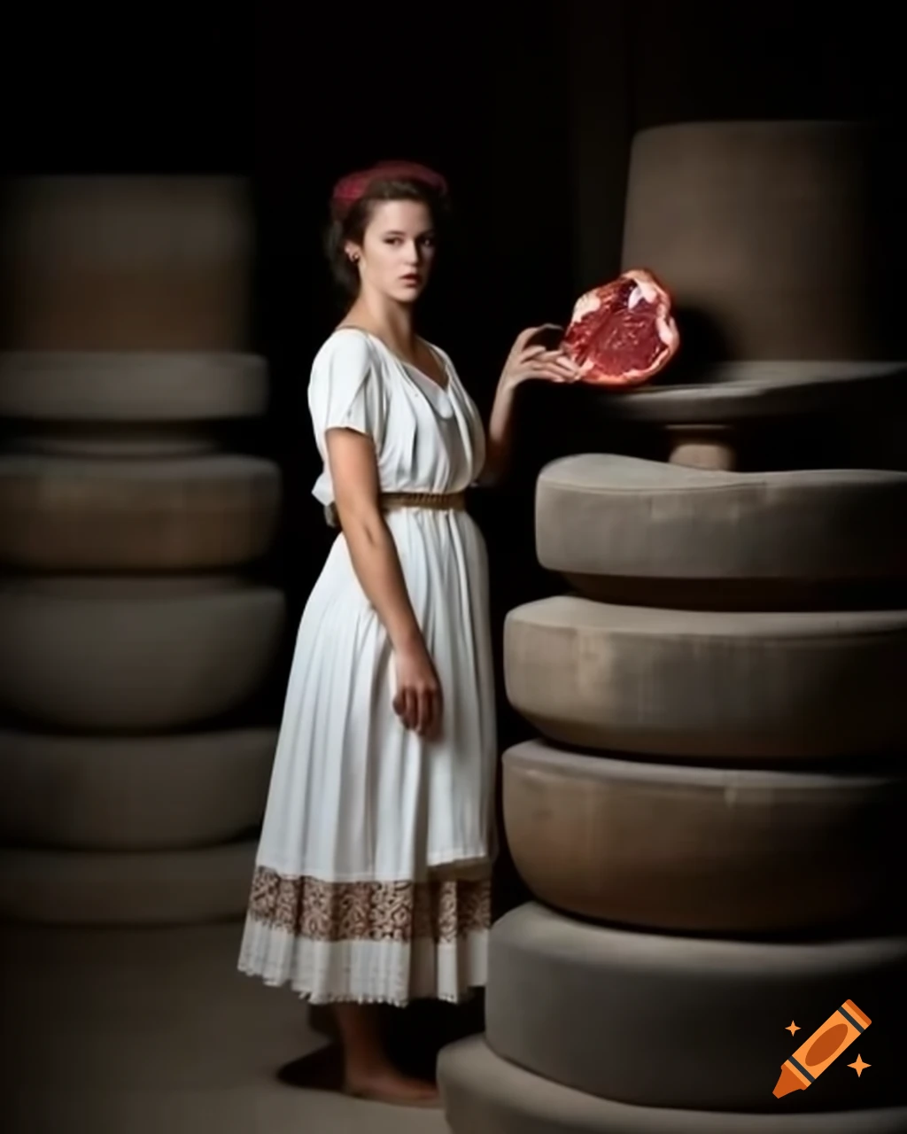 Young woman in antiquity-era dress at Greek temple holding halved pomegranate