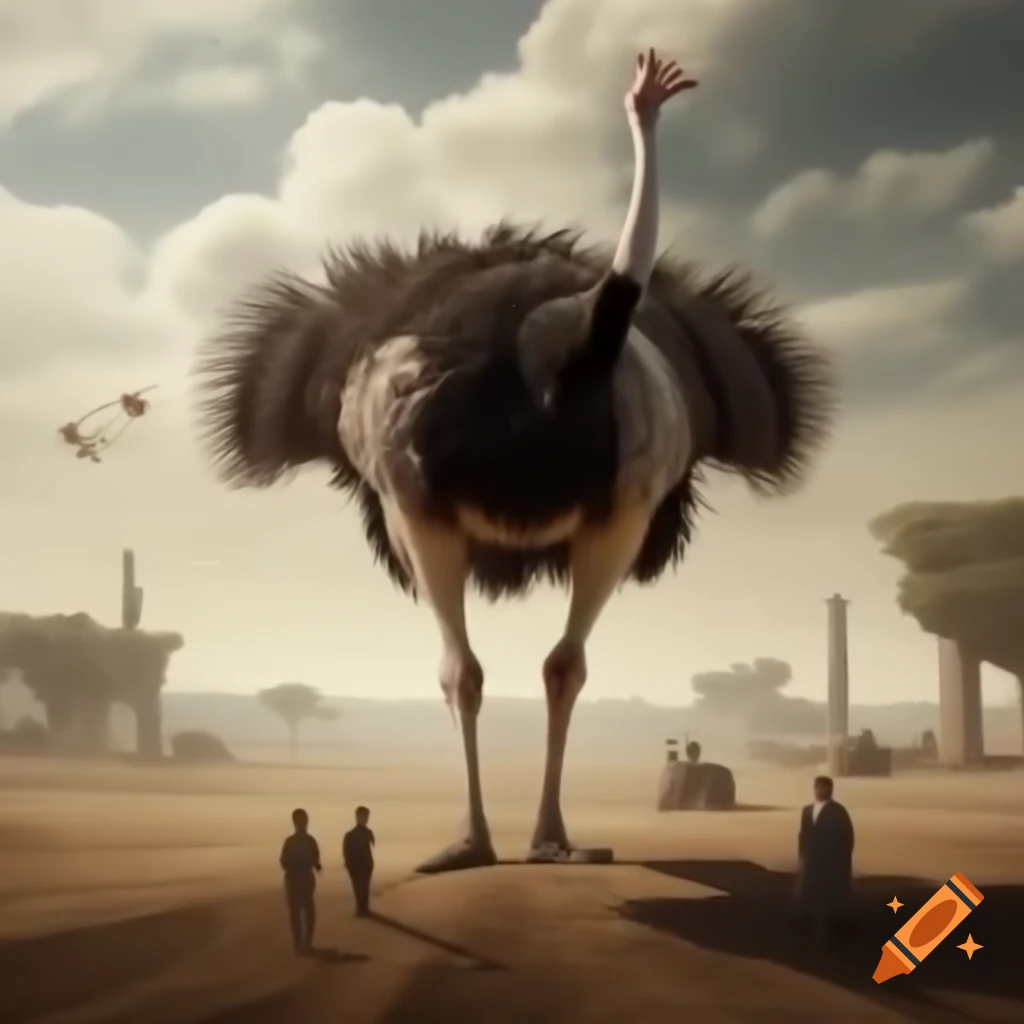 Massive ostrich approaching onlookers beneath cerulean sky