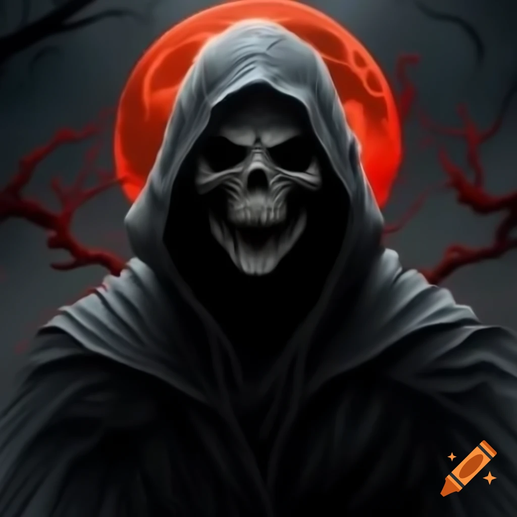 Reaper silhouette with blood moon in stipple style