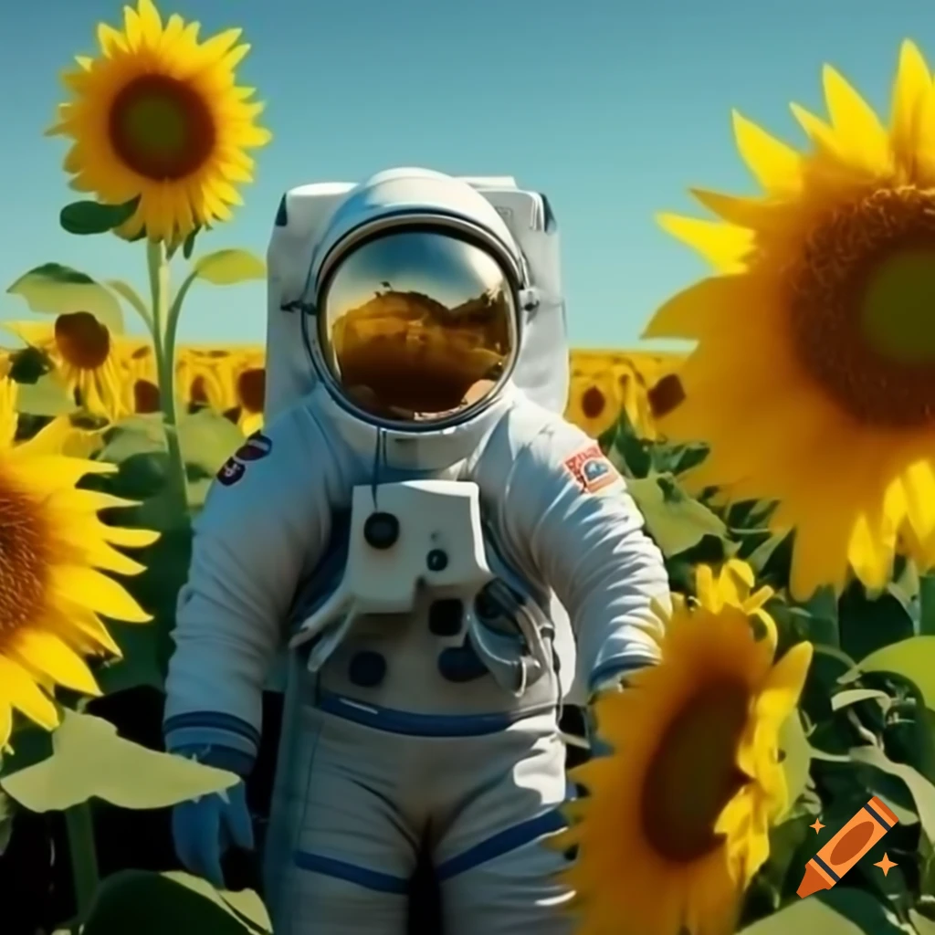 Astronaut in sunflower field looking at the camera