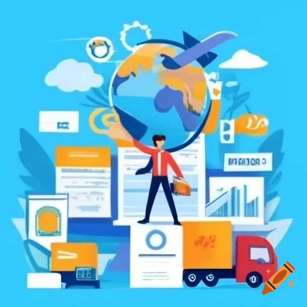 Delivery scene with person, truck, jet, and globe showcasing routes of goods with infographic