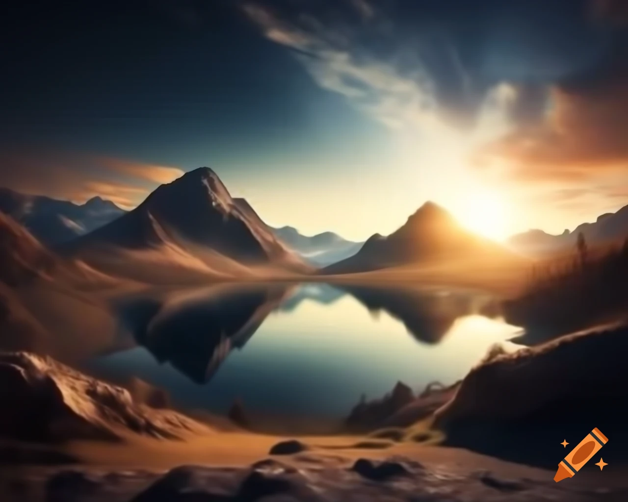 Photorealistic 3D render of mountain lake at sunset with sun rays and island