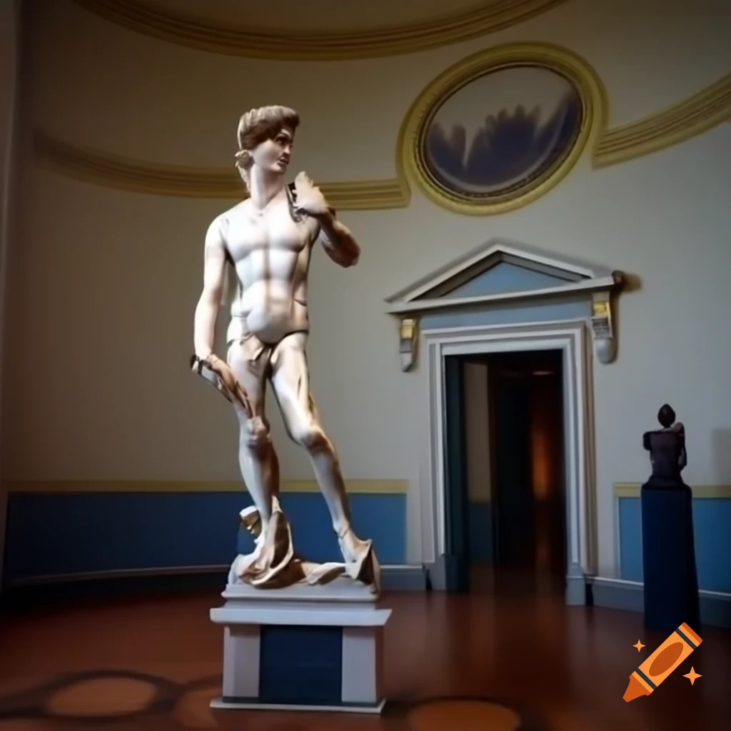 Imaginary scene with Michelangelo sculpting David, providing lessons