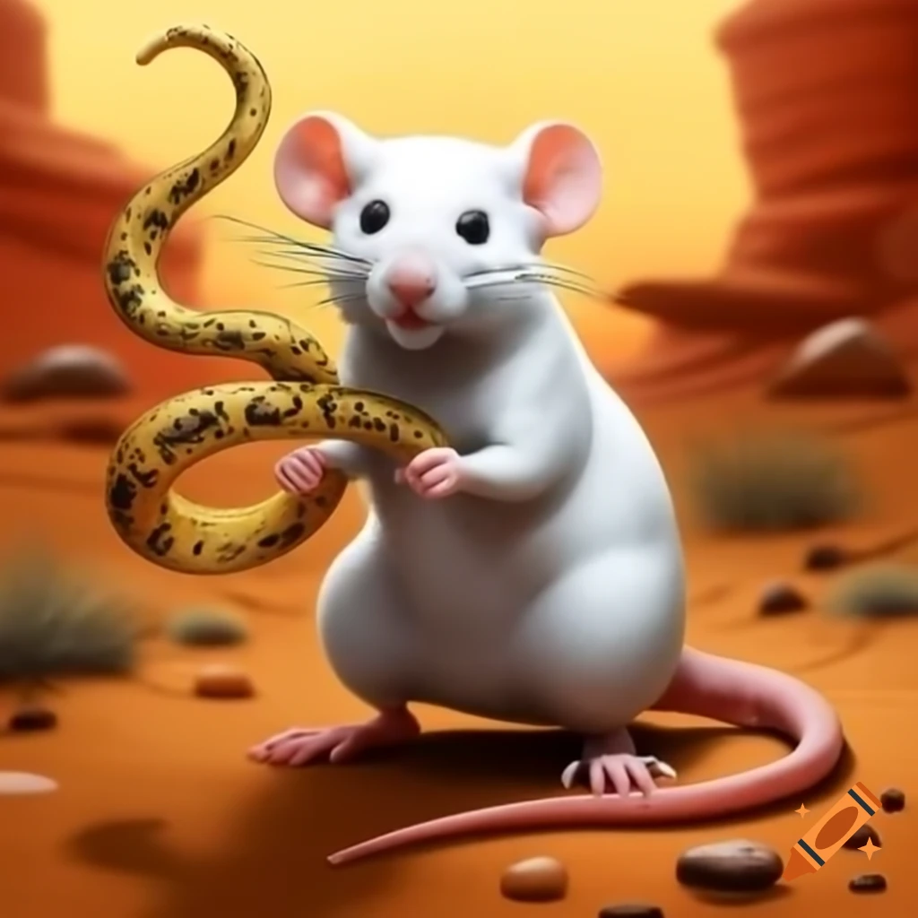White rat and gold snake fighting in desert environment