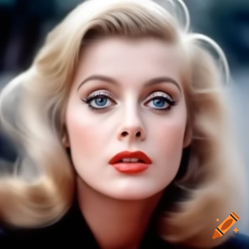Hyper-realistic photograph of a charming European actress from 1963 with porcelain skin and blue eyes