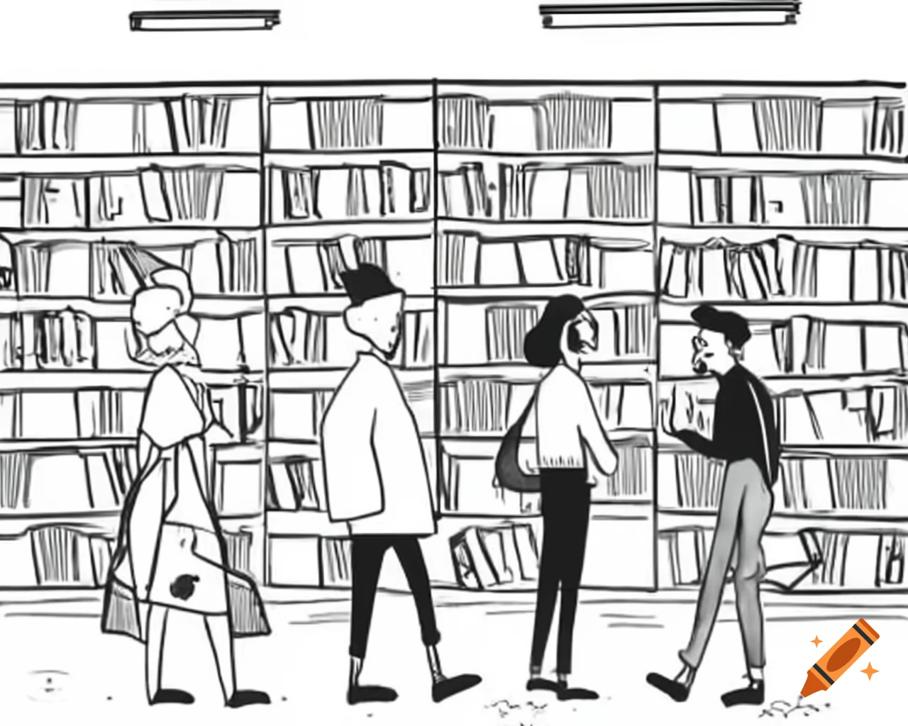 Three adults browsing through overflowing bookshelves