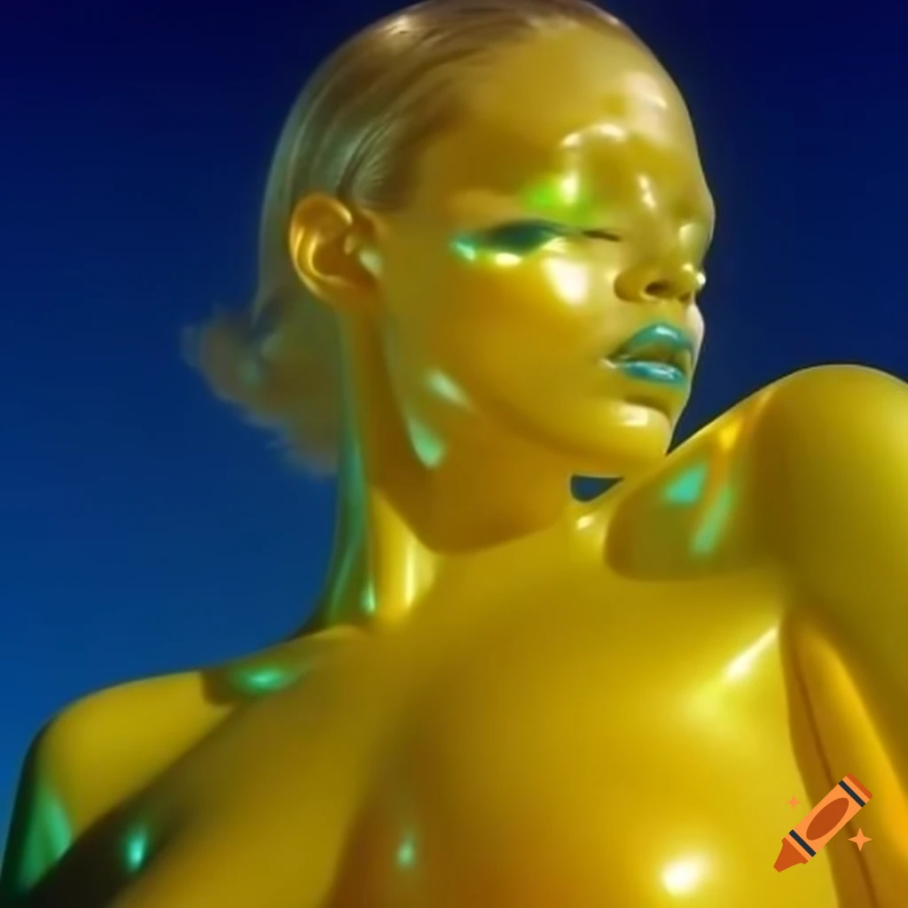 Iridescent yellow glass statue in pop surreal 2000's photography