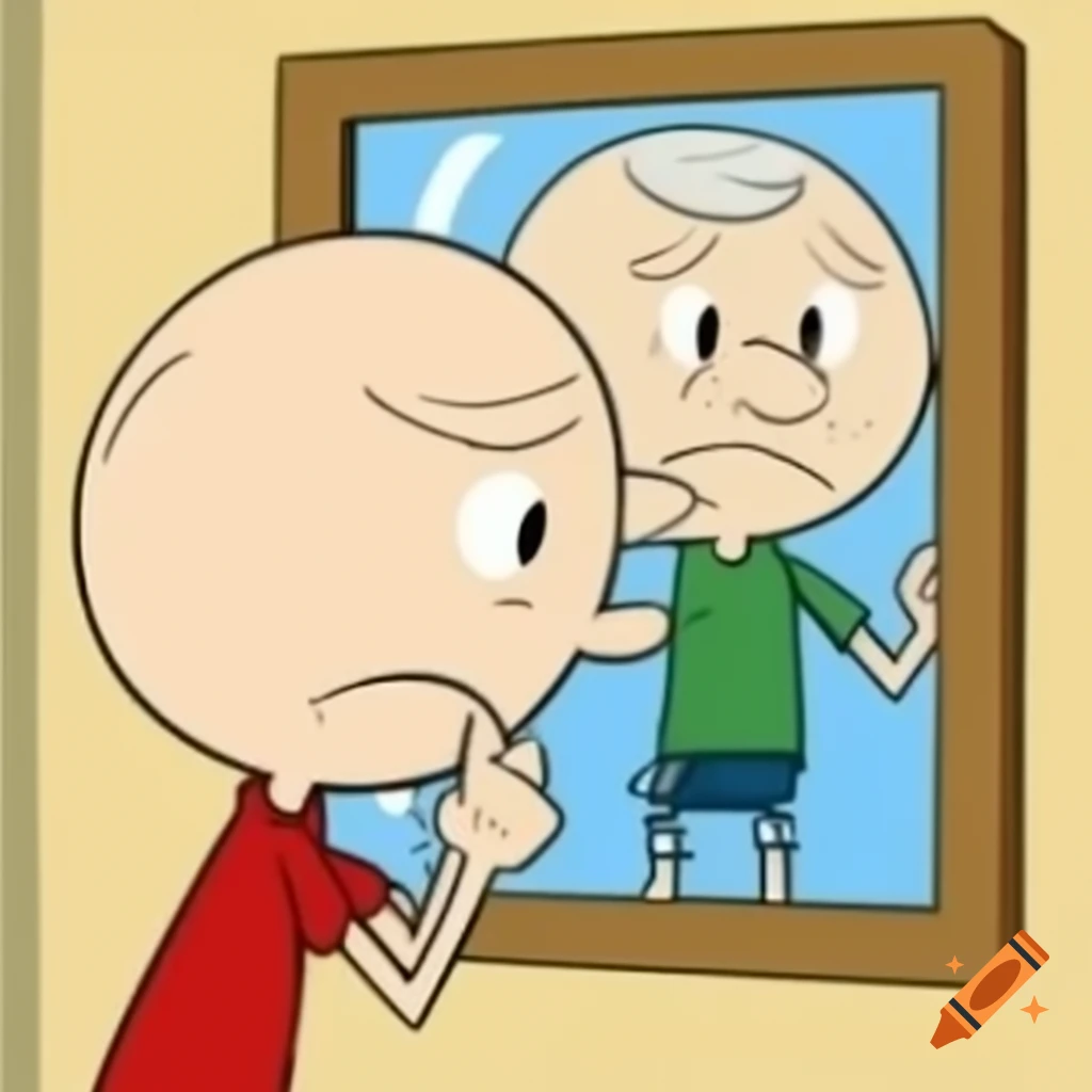 Cartoon character of confused old man looking in mirror