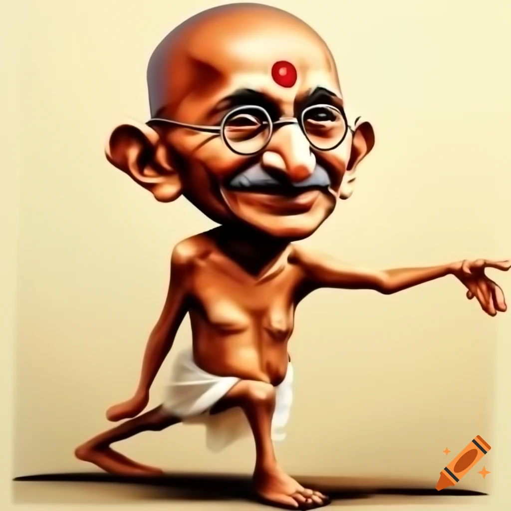 Exaggerated caricature of Mahatma Gandhi with comical proportions